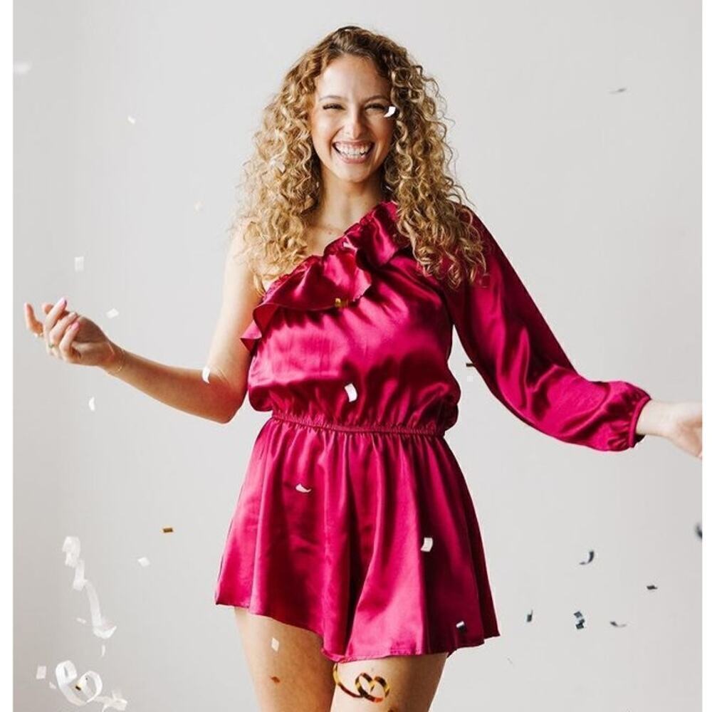 Steve Madden Romper Satin Ruffle One Shoulder Short Fuchsia Pink  Medium